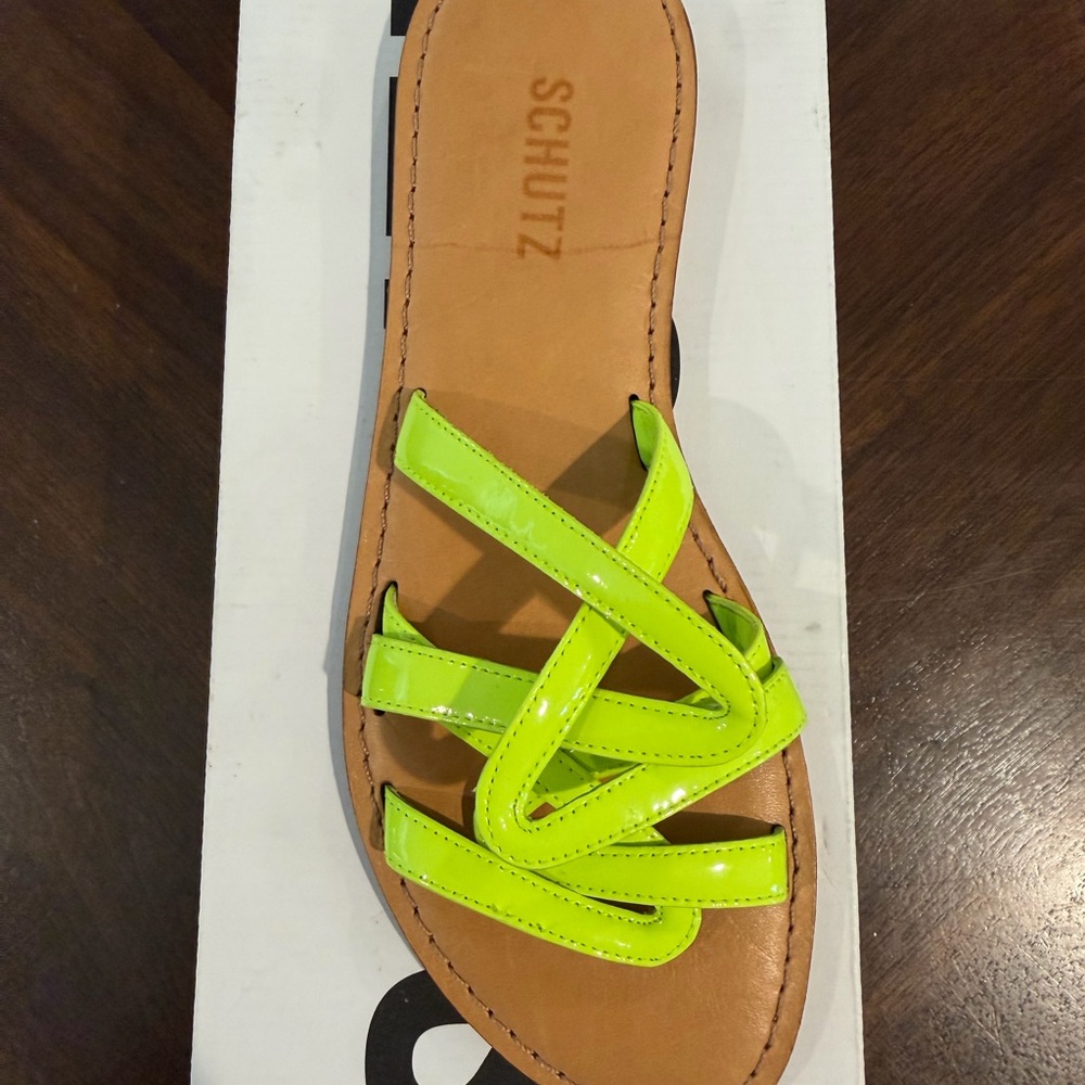 SCHUTZ Neon Lime Patent Leather Strappy Slide Sandal